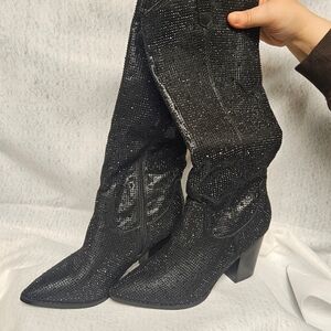 Chic Black Rhinestone Heeled Boots